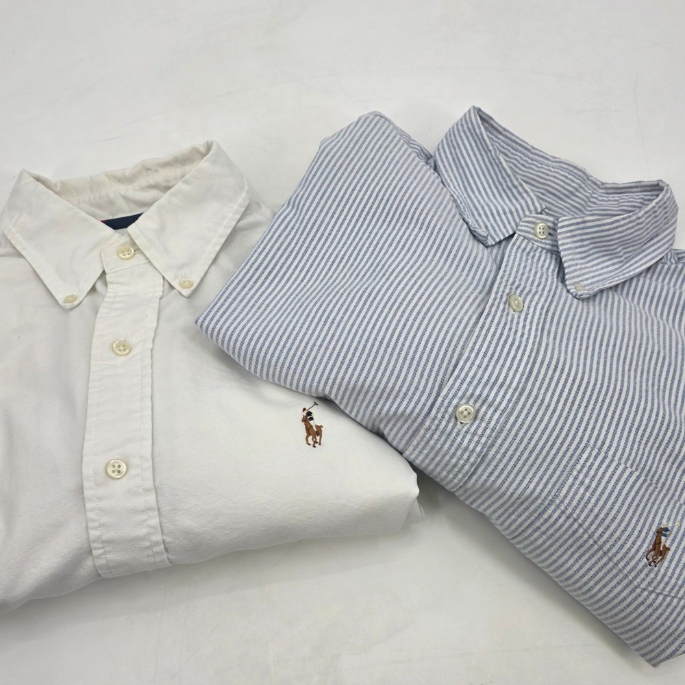 RALPH LAUREN 90s OXFORD BUTTON DOWN SHIRT MENS LARGE BLUE WHITE STRIPED LOT OF 2